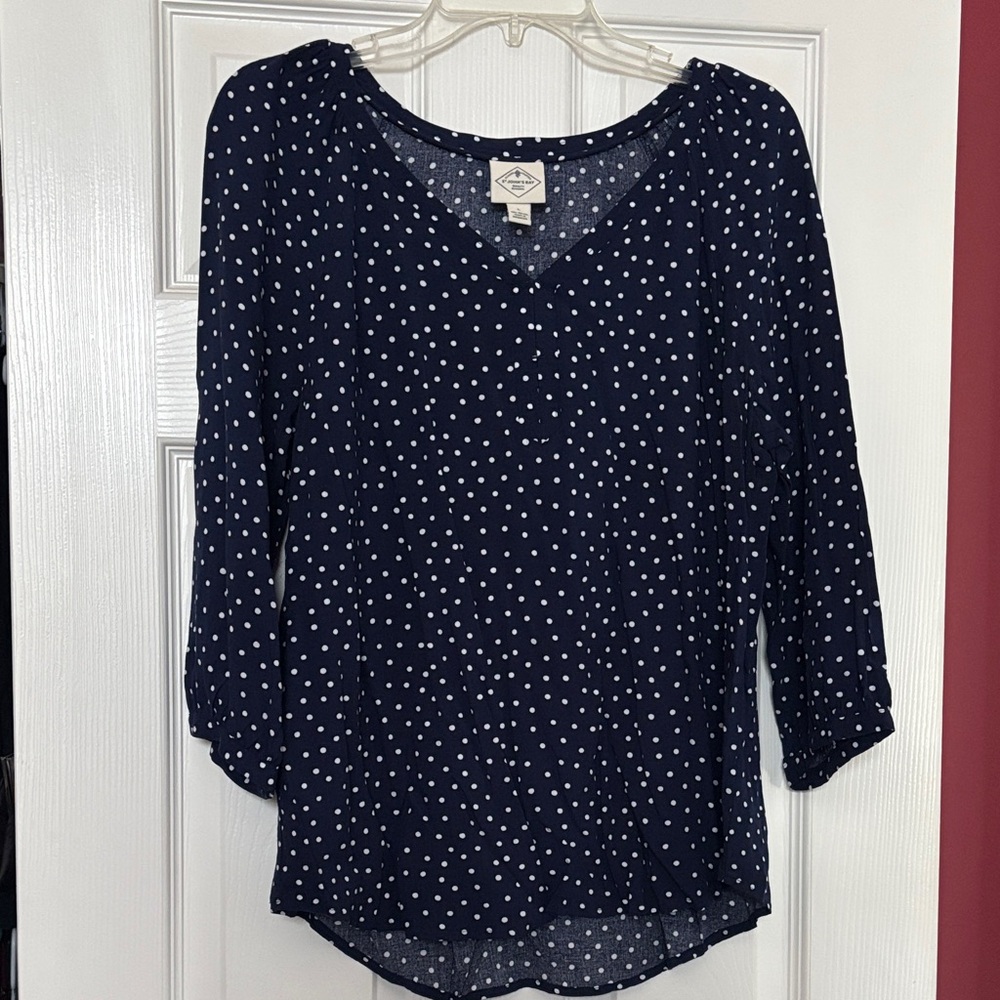 St. John's Bay Navy and White Polka Dot Blouse size large